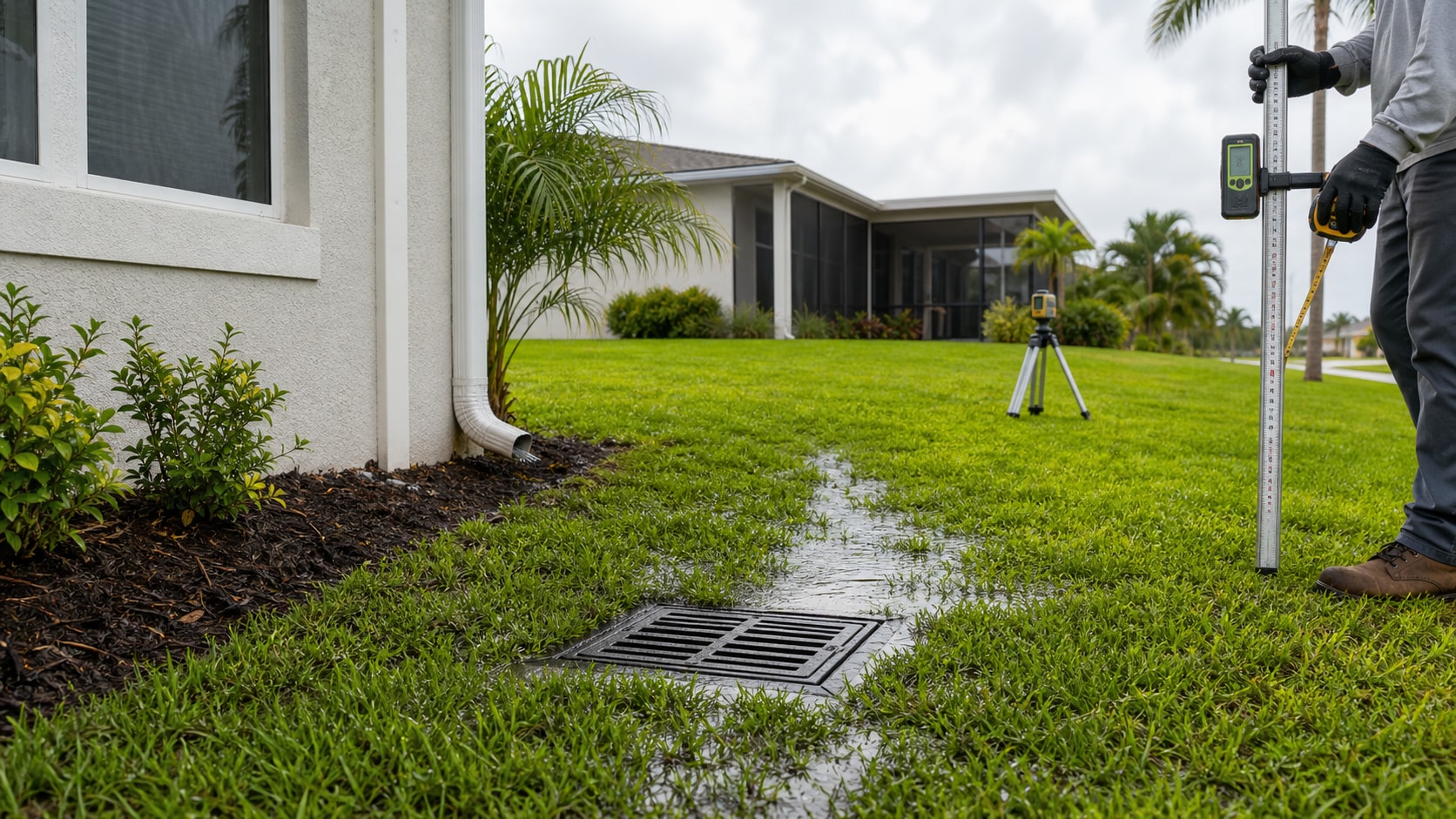 Cape Coral yard drainage contractor inspection with a flush catch basin, visible rainwater path, laser level, and grade rod