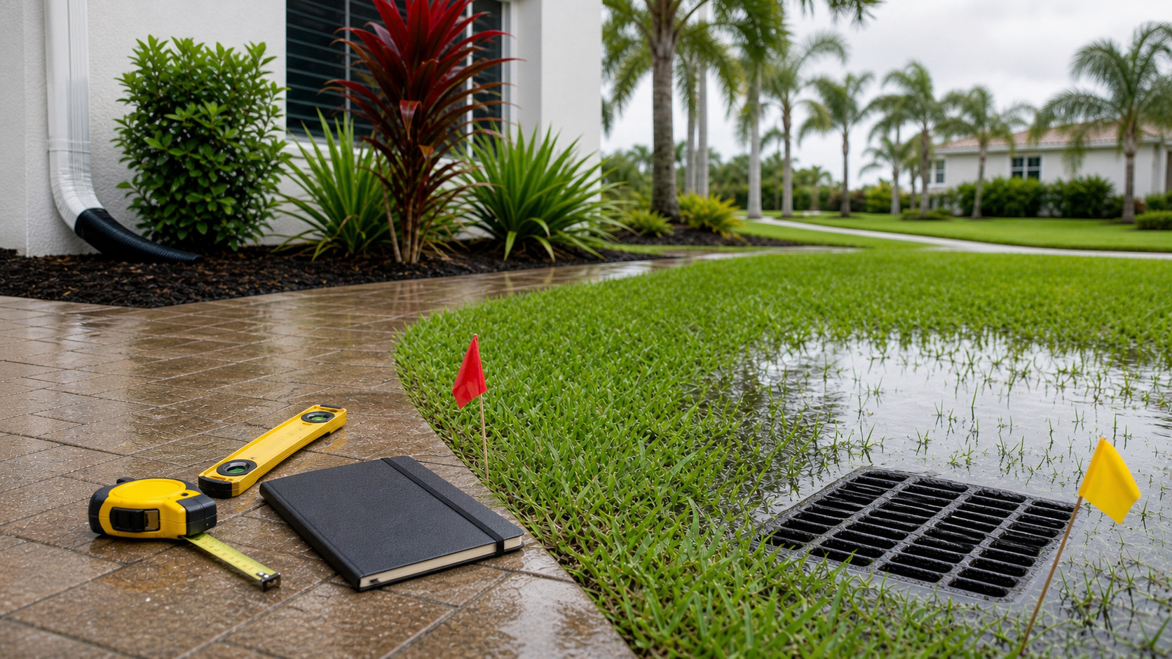 Drainage evaluation notes and tools beside a Cape Coral yard drainage inlet