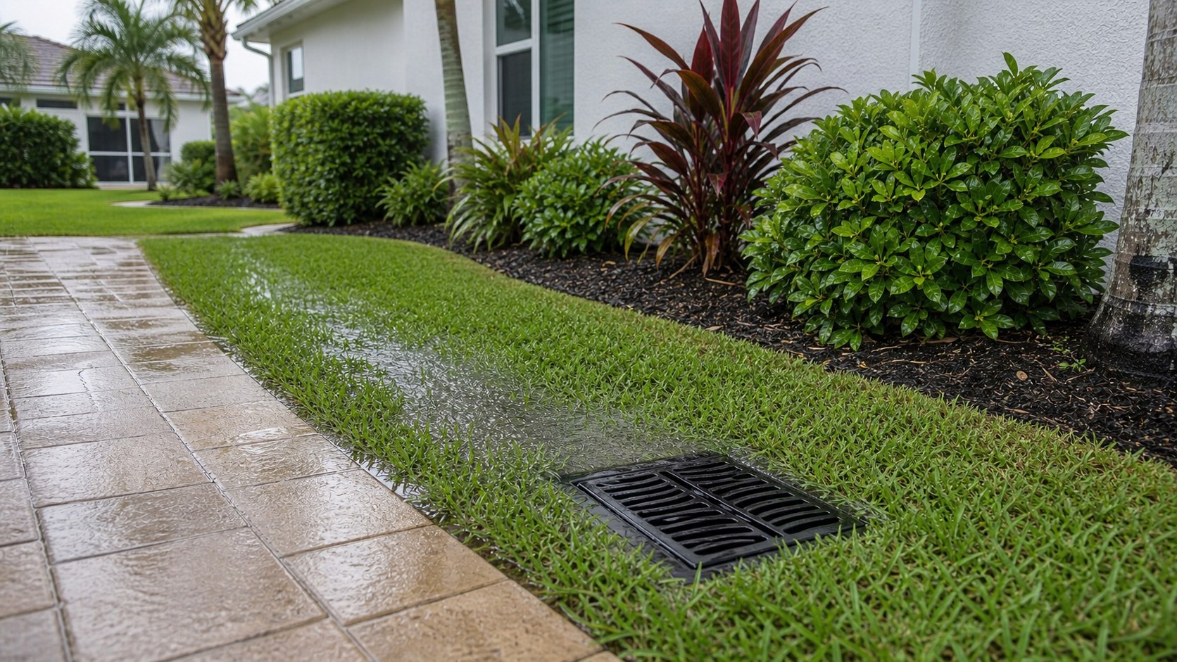 Private yard catch basin at a low landscape point after rain in Cape Coral